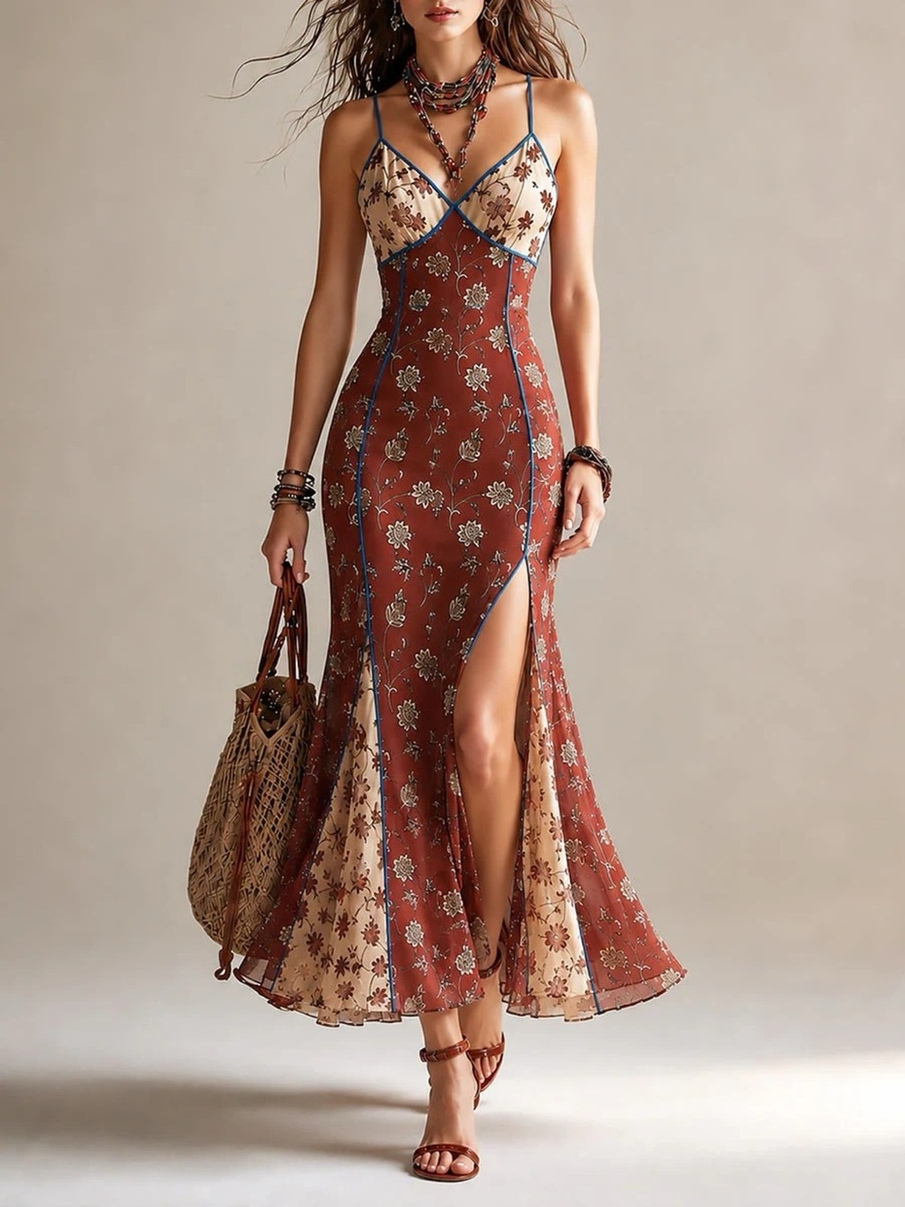 Floral Print Spaghetti Strap Maxi Dress with High Slit